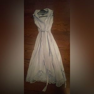 Tahari button up shirt dress with pockets, belt and lace accents on the bottom